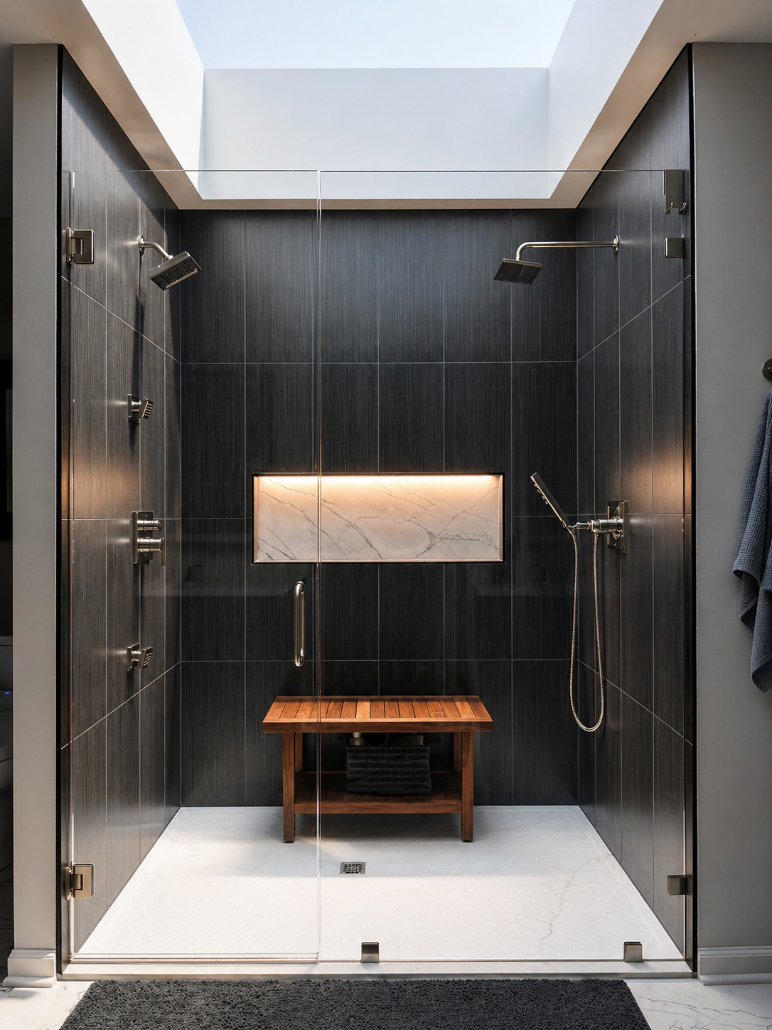 Dark tile luxury spa shower with skylight and teak bench